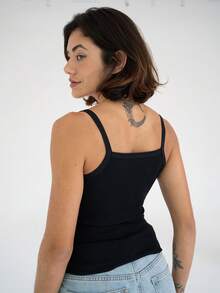 2-Piece Set: Square Neck Tank Top And Ribbed Halter Top In Cotton - Black - View 9