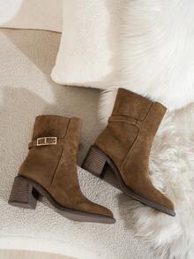 Women's Chunky Heel Ankle Boots, Brown Suede Boots With Metal Buckle Design, Essential For Autumn/Winter, Comfortable & Versatile, Pointed Toe Mid-Heel Shoes, Synthetic Upper,Party