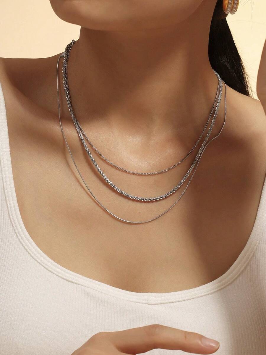 Necklace 3 Turns In 1 Chain Clips Delicate Elegant Minimalist Chocker Gold And Silver Links Feminine Woman Gift - Bạc - Xem 1