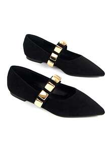 Giày bệt nữ mũi nhọn khóa vàng thanh lịch, trang trí mu bàn chân bằng da lộn màu đen, thoải mái, dễ chịu - màu đen - Xem 2