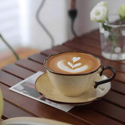 复古裂纹釉陶瓷杯碟套装，芙蓉复古风格咖啡杯，适用于茶、咖啡、拿铁、摩卡、抹茶，可堆叠，非常适合厨房、咖啡厅、学校、办公室、派对、生日、节日礼物