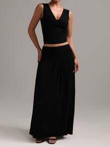 XLLAIS Women's Maxi Skirt, Linen Fabric, Elegant Casual Large Umbrella Style Bohemian Vacation - Black - View 3