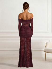 Solid Color Sexy Elegant Lace Backless Ruffle Lace Patchwork Beach Wedding Party Formal Evening Cocktail Dress - Burgundy - View 7