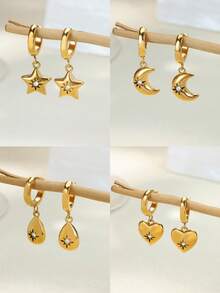 1 Đôi bông tai thép không gỉ hình ngôi sao và mặt trăng kiểu cổ điển, hình trái tim và giọt nước, trang sức vàng, quà tặng cho phụ nữ dịp Giáng sinh, sinh nhật, hoặc đeo hàng ngày. - Vàng - Xem 2
