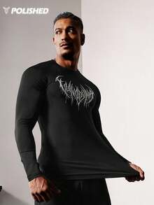Acti Log 1pc Men's Contrast Color Print Long Sleeve Fitted Sports T-Shirt Compression Long Sleeve Rash Guard Graphic Compression Shirt Spandex Shirts Gym Tops Long Sleeve Breathable Comfortable Slim Fit For Gym Training Compression Performance T-Shirt - Black - View 3