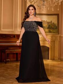 Plus Size Women Rhinestone Patchwork Backless Elegant Chiffon Maxi Prom Dress - Black - View 5