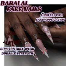 Stiletto Press On Nails Long Fake Nails White French Tip Glue On Nails Pink Acrylic Nails Bow Charm False Nails Coquette Manicure Stick On Nails 24pcs Almond Gel Artificial Nails - 多色14 - 查看 7