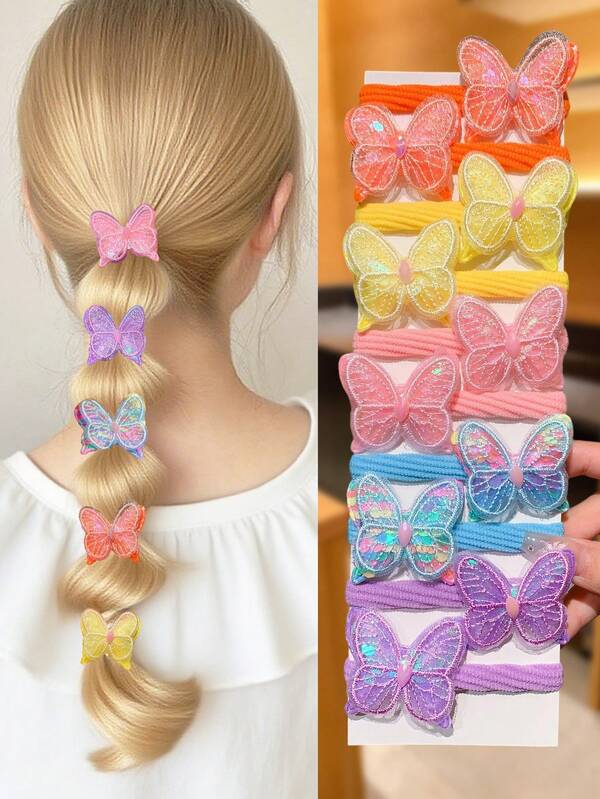 10pcs/Set Cute Colorful Butterfly Hair Scrunchies Set, Shiny Double-Layer Butterfly Design High Elasticity Seamless Non-Damaging Hair Ties, Pink, Purple, Blue, Yellow, Orange Colors Available, Suitable For Daily, School, Party, Ponytail Use (No Gift Box)