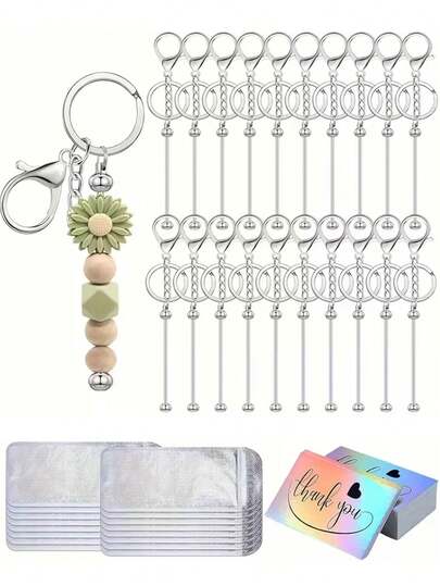30pcs Silver Beaded Keychain, Loose Packaging, With Flat Nose Lobster Clasp, Blank Bead Keychain Shaft, DIY Decorative Pendant
