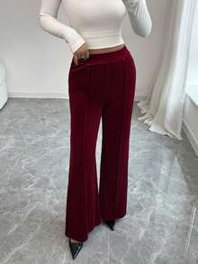 Burgundy Knitted Fabric Flare Leg Long Pants For Women With Exposed Seam Detail Medium Stretch
