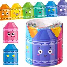 32.8ft (10m) Self-Adhesive Bulletin Board Border With Eyes, Nose, Mouth - Colorful Appearance - Suitable For Classroom, Office, Home Decor, Party, Picture Frames - Optimistic Classroom Decor Stickers, Cartoon Style Durable Material Pencil Design, High-Quality Stickers, Craft Hobbyists, Fun Decor - Multicolor - View 6