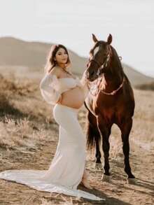 Irresista Maternity 2 Pcs Set Lantern Sleeves Tube Top Slit Long Train Skirt For Photoshoot Baby Shower - Apricot - View 9