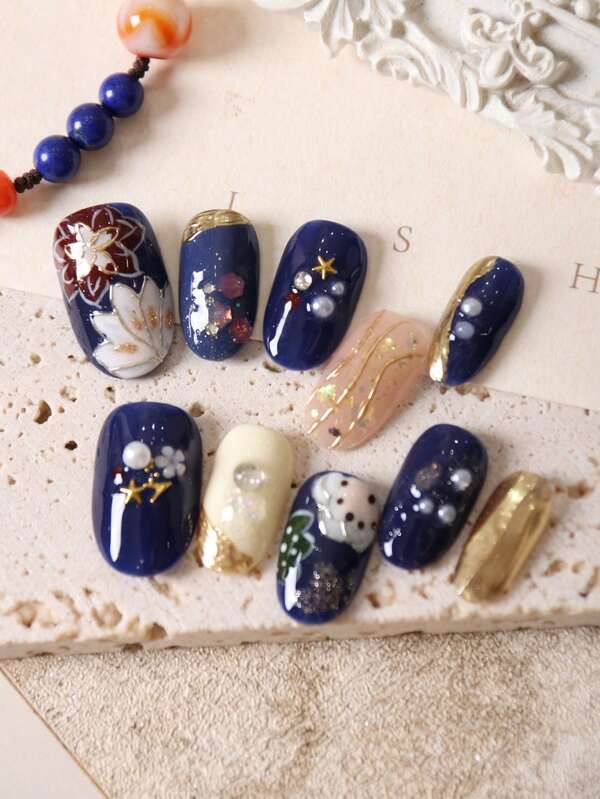 10pcs Press On Nails Fake Nails Deep Blue Golden Golden Thread Flower Star Fall Press On Nails Office DailyWear False Nails Artificial Nails Kit Includes 1sheet Adhesive Tabs &1 Pc Mini File