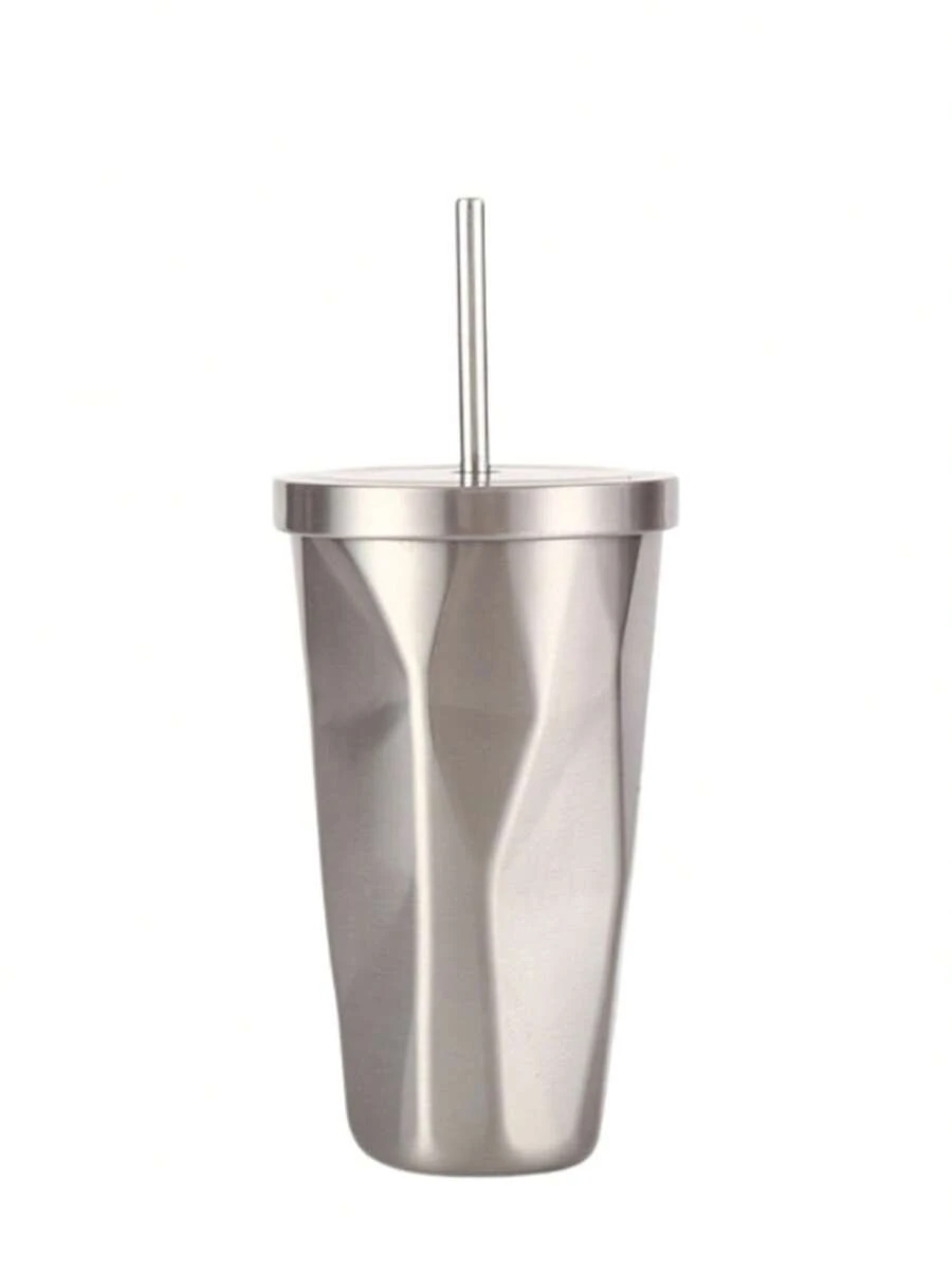 Vaso de acero inoxidable de 16 onzas, botella de agua de gran capacidad, taza de café portátil geométrica, vaso para camping - Plateado - Ver 1