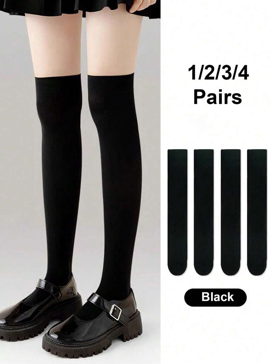 1/2/3/4 双装女士过膝/大腿高筒袜，纯黑色，夏季薄款女士连裤袜，舒适袜子