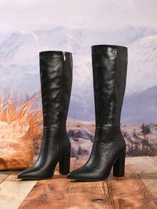 Plus Size Women's Fashion Knee-High Boots, High Heel Casual Zipper Boots For Autumn/Winter, Runway Show, Thick Heel Tall Boots, Black Boots