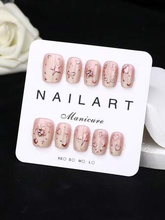 Purely Handmade Nail Art, 10-Piece Set, Rose Gold, Short Trapezoid, Beauty, Fragrancestyle, French Tip Nails, Press On Nails, New Years Nails, Valentines Nail, Uv Light Nails, Summer Nails, Wearable Nail Art, Elegant And Generous Design, High-End French Style, Gel Polishing, Flash, Cat's Eye Effect, Metallic Luster