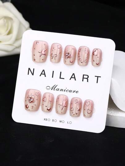 Purely Handmade Nail Art, 10-Piece Set, Rose Gold, Short Trapezoid, Beauty, Fragrancestyle, French Tip Nails, Press On Nails, New Years Nails, Valentines Nail, Uv Light Nails, Summer Nails, Wearable Nail Art, Elegant And Generous Design, High-End French Style, Gel Polishing, Flash, Cat's Eye Effect, Metallic Luster Nail Supplies