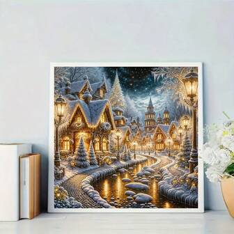 1 pieza Nuevo Llegada Juego de Pintura de Diamantes de Pueblo Invernal Brillante, Kit de Mosaico de Diamantes de Cristal 5D Redondo DIY, Adecuado para Decoración de Pared del Hogar, Regalo Artesanal para Halloween, Navidad, Sin Marco