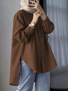 Women Modest Long Sleeve Plaid Shirt Collar Button Front Regular Top In Woven Fabric