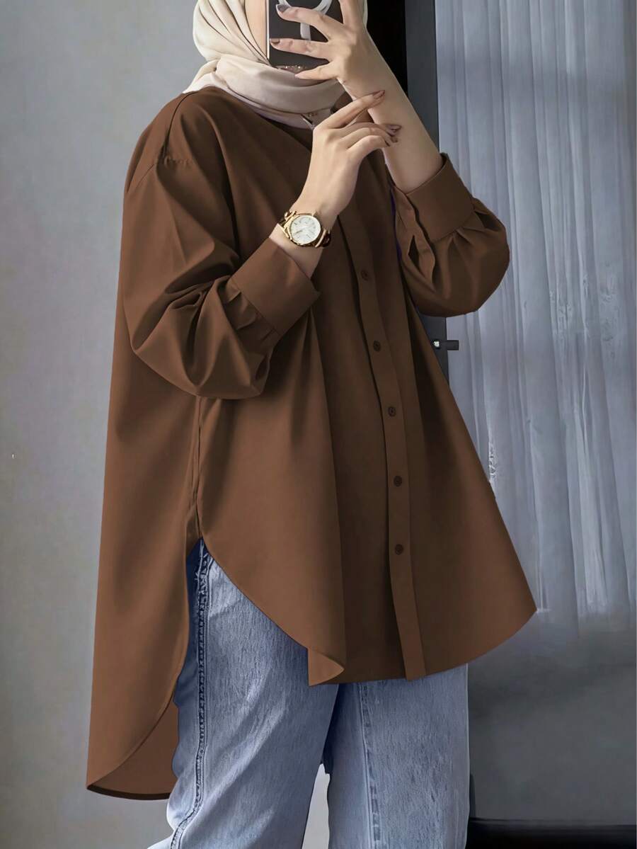 Women Modest Long Sleeve Plaid Shirt Collar Button Front Regular Top In Woven Fabric