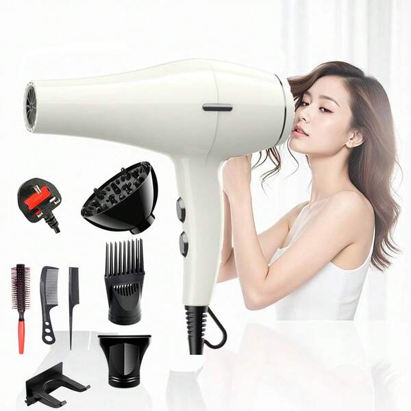 Secador de pelo con iones poderoso con 6 diseños de engranajes, con aire cálido, caliente y frío, 220-240V apto para cabello liso y rizado - perfecto para el hogar, viajes y salones de belleza. Incluye 7 accesorios para el cuidado del cabello para una mejor experiencia
