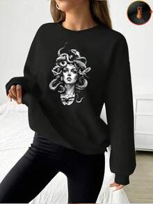 1 pezzo Felpa girocollo in pile casual con grafica di serpente Medusa, regalo perfetto per compleanni e occasioni speciali - nero - Visualizzare 1