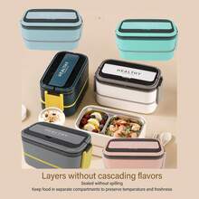 Fiambrera, 3 Contenedores de Almuerzo Apilables para Adultos, Caja de Diseño Minimalista Moderno con Juego de Utensilios, Lonchera a Prueba de Fugas para Salir - Azul y verde - Ver 12