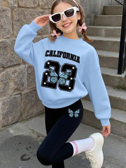 2pcs Of Girls' Stylish California - Element Butterfly Print Set (Sweatshirt + Leggings), Soft And Comfortable, Perfect For Daily Outings In Spring And Autumn