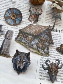 15 pezzi/confezione Adesivi vintage con personaggi della leggenda vichinga, case, paesaggi, figure carine, piante, decorazioni per scrapbooking, diari fai-da-te, forniture per la cancelleria