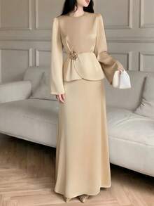 Women's Elegant Waist Floral Decor Patchwork Top And A-Line Midi Skirt 2-Piece Set