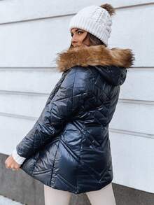 Women's Quilted Winter Jacket With A Fixed Hood And Removable Faux Fur Trim. Its Classic Design Features Decorative Stitching And Zippered Pockets. It's The Perfect Warm Outerwear For Cold Weather And Offers Comfort And Elegance For Everyday Wear. - Navy Blue - View 2
