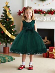 Young Girl Solid Color Sleeveless Elegant Dress With 3D Flower And Bow Decor