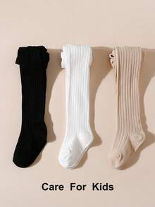 3pcs Girls Solid Color Leggings, Striped Tights, Simple & Versatile Children's Stockings, Stretchy & Comfortable, All Seasons