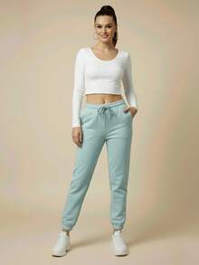 Women's Plush Jogger Sweatpants With Drawstring And Pocket | Winter Pants, Cold Weather Clothing, Comfortable, Warm, Casual, Thermal - 冰綠色 - 查看 8
