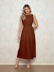 Elegant Women's Crepe Dress - Fitted Waist, Discreet Neckline And Loose Skirt - Ideal For Formal And Casual Occasions - 巧克力 - 查看 1