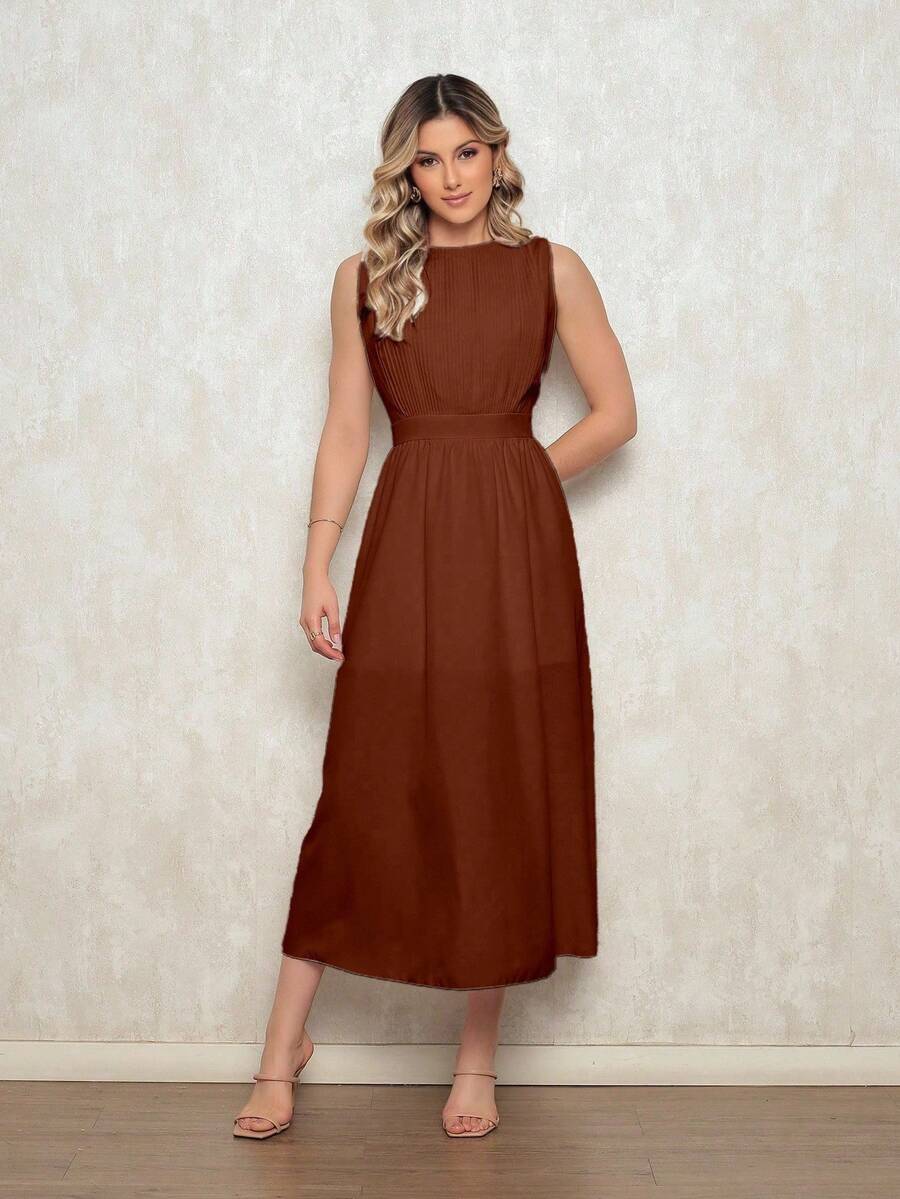 Elegant Women's Crepe Dress - Fitted Waist, Discreet Neckline And Loose Skirt - Ideal For Formal And Casual Occasions - 巧克力 - 查看 1