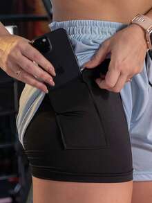 3-Pack 2-In-1 Women's Gym Shorts, Double Fitness Shorts With Hidden Cell Phone Pocket, Compression Butt Lifting Gym Fit Cross Fit - 黑色/淡藍色/玫瑰色 - 查看 5