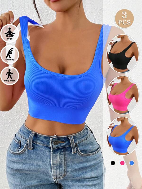 LianShengFa 3pcs High Neck High Waist Elastic Yoga Sports Bra, Medium Support Shock-Absorbing Seamless Workout Bra, Comfortable Breathable Athleisure Tank Top
