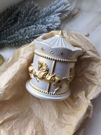 旋转木马储物罐硅胶模具一套，DIY创意木马蜡烛杯石膏模具，节日家居装饰/礼品饰品环氧树脂模具，工艺品铸造模具，首饰收纳盒石膏模具