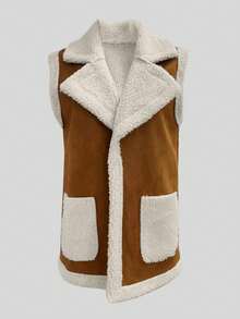 Autumn/Winter Fashion Color Block Suede-Like Fabric Fuzzy Sleeveless Open Front Casual Commute Simple Pocket Vest Jacket For Women