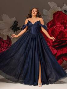 VIPGIRL Elegant Navy Blue Off-Shoulder Plus Size Sheer Maxi Dress, High Slit Design, Formal Ball Gown, Women's Formal Gown, Wedding Guest Dress, Luxury Long Dress, Glamorous Party Dress - Navy Blue - View 3