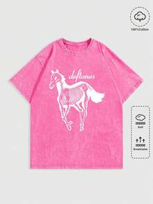 EWH MEN Street Life "D Eftones" Band Skeleton Horse Graphic Print Vintage Washed Short Sleeve Crew Neck Men's T-Shirt,Shirts Graphic,T Shirt Men DG004 - Màu Hồng Tươi - Xem 1