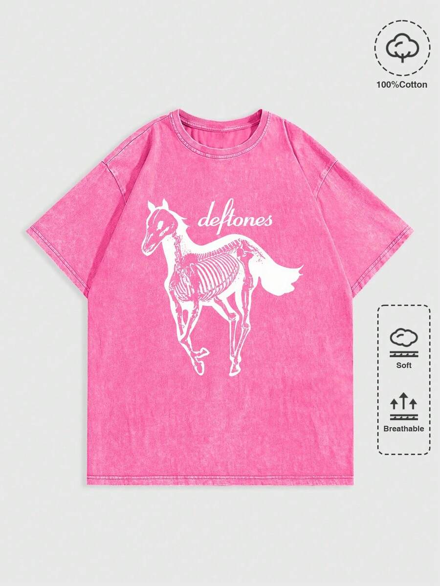 EWH MEN Street Life "D Eftones" Band Skeleton Horse Graphic Print Vintage Washed Short Sleeve Crew Neck Men's T-Shirt,Shirts Graphic,T Shirt Men DG004 - Màu Hồng Tươi - Xem 1