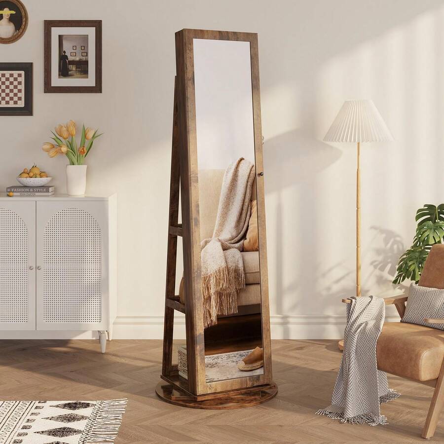 Dripex Jewelry Organiser Mirror Wardrobe, 360° Swivel Jewelry Storage Wardrobe, Lockable, 3 In 1 Free Standing Mirror With Storage Shelves - Mocha Brown - View 1