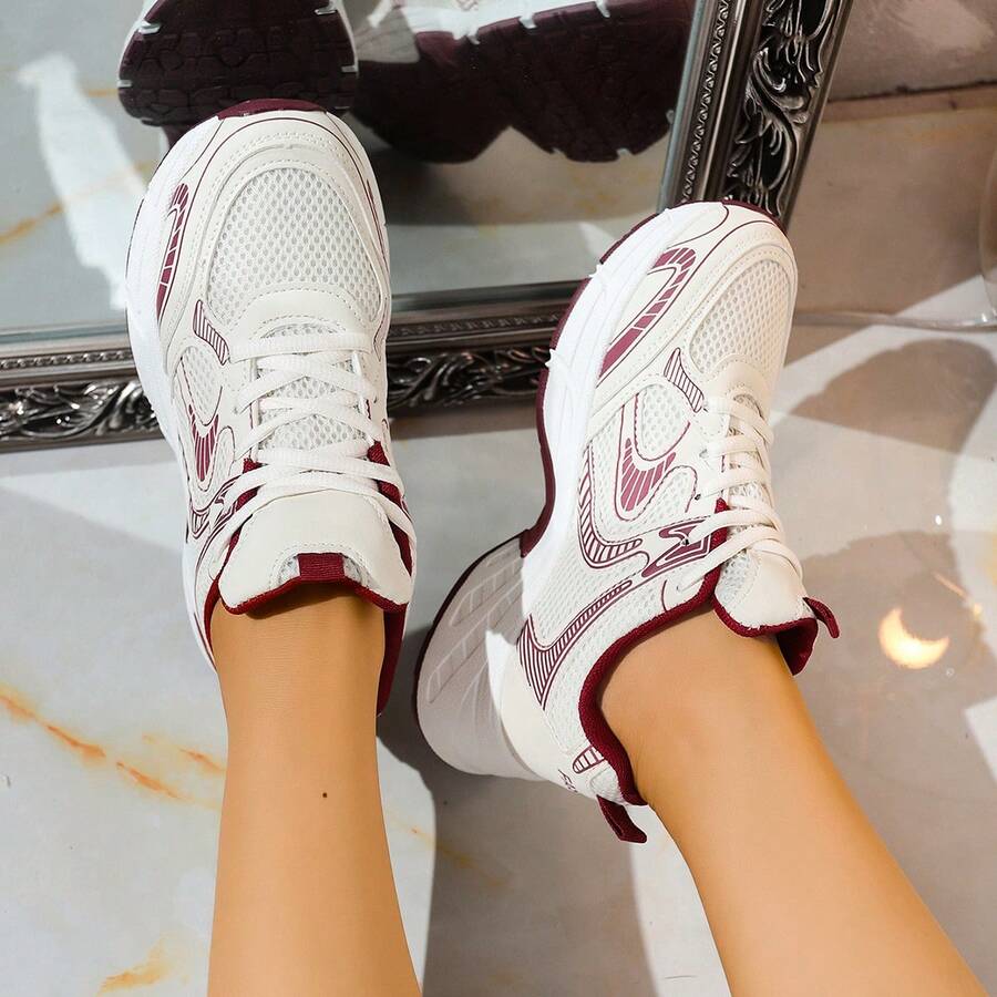 New Women Casual Sneakers, Chunky Sneakers, Shoes, White Shoes, Lace-Up Round Toe Mixed Material Breathable Versatile Printed Graffiti College Style Student Outdoor Hiking Casual Commuting Shoes - 酒紅色 - 查看 1