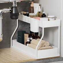 [Space-Saving Sink Organizer] Large Capacity Double Layer Pull-Out Sink Storage Rack Organizer | Space-Saving Under-Sink Shelf For Kitchen & Bathroom, Durable Plastic/Metal Design Holds 10-12 Inch Pipes, Black/White, Compact Design, Sturdy Construction, Apartment Dwellers - White - View 11