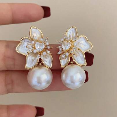1 Pair Metal Flower & Faux Pearl Dangle Earrings, Elegant For Women's Formal Events, Parties, Casual & Holiday Wear