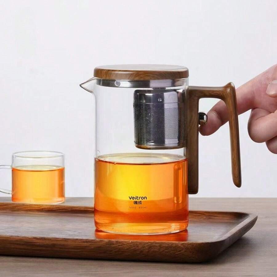 1 pieza Tetera de vidrio borosilicato de 650ml con filtro, taza de café con hielo para oficina y viaje, taza para infusión de té, resistente al calor y fácil de limpiar - Color de veta de madera marrón - Ver 1