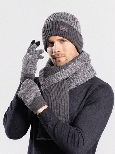 3pcs/2pcs Men's Knitted Hat, Scarf And Gloves Set, Knitted Suit For Outdoor Winter Warm Ear Protection Knitted Beanie
